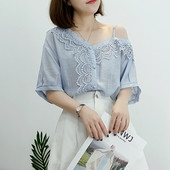 Cămașă elegantă de damă cu un singur umăr și broderie în albastru