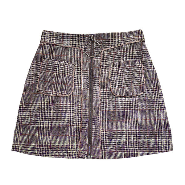 Стилна дамска пола на каре с цип и джобове