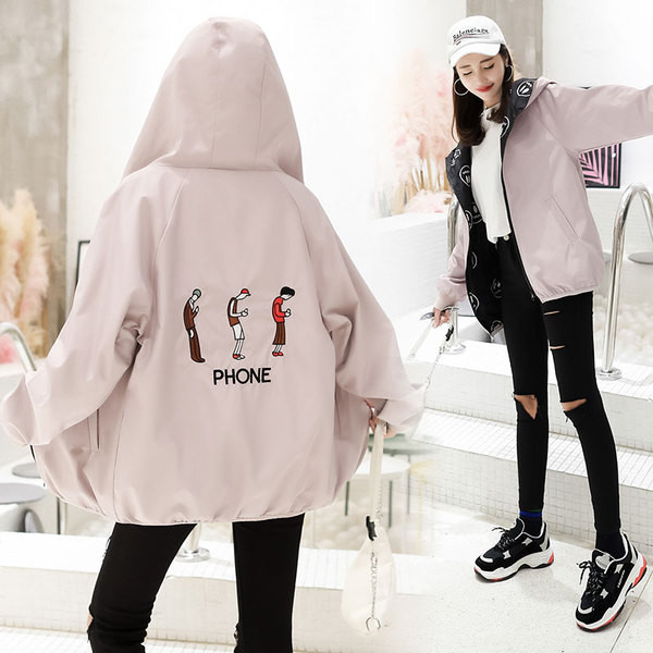 Дамско модерно яке с две лица широк модел с надпис и щампа