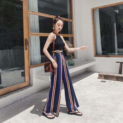 Női csíkos nadrág magas derékkal - széles modell