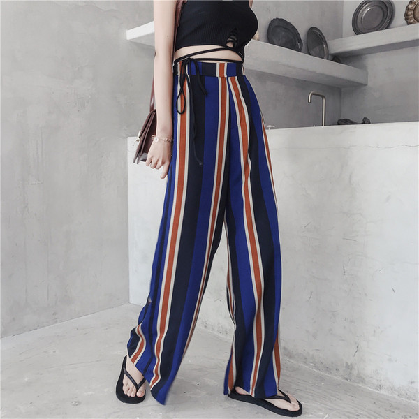 Női csíkos nadrág magas derékkal - széles modell