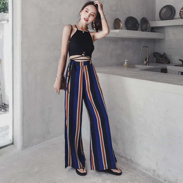 Női csíkos nadrág magas derékkal - széles modell