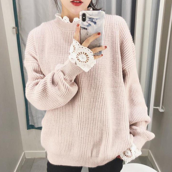 Модерен дамски пуловер с дантела в три цвята