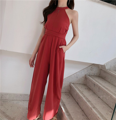 Стилен дамски гащеризон в черен и червен цвят