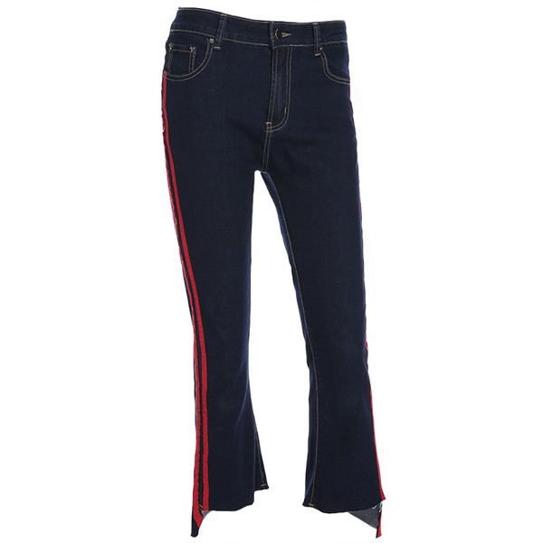 Blugi moderni de dama in albastru cu margini rosii