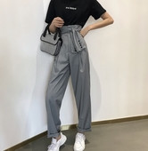 Pantaloni de dama cu talie inalta si curea de culoare gri