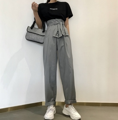 Pantaloni de dama cu talie inalta si curea de culoare gri