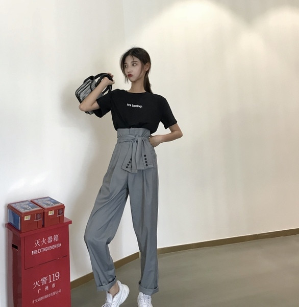 Pantaloni de dama cu talie inalta si curea de culoare gri