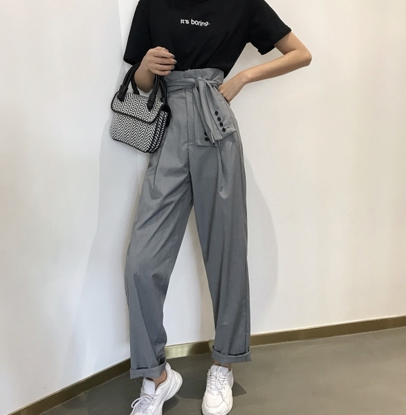 Pantaloni de dama cu talie inalta si curea de culoare gri