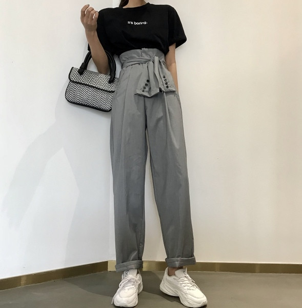 Pantaloni de dama cu talie inalta si curea de culoare gri