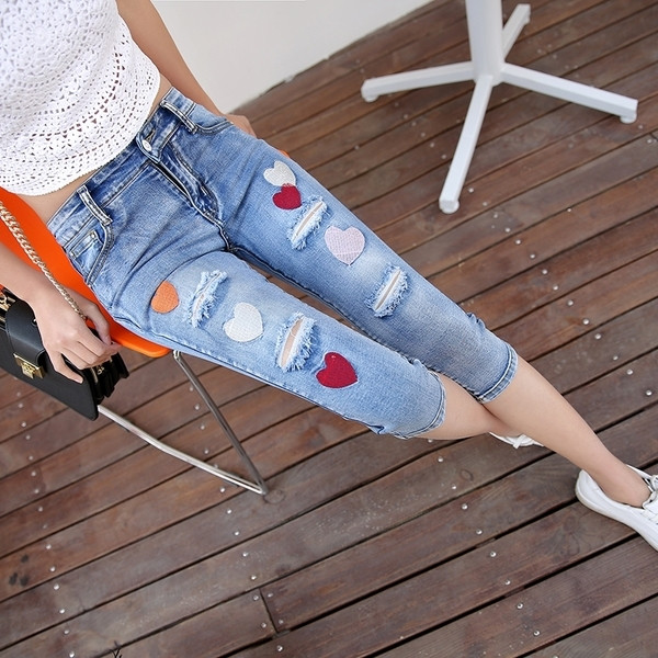 Дамски дънки с апликация - дължина 7/8