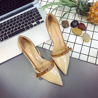 Дамски стилни обувки с висок ток с панделка в два цвята