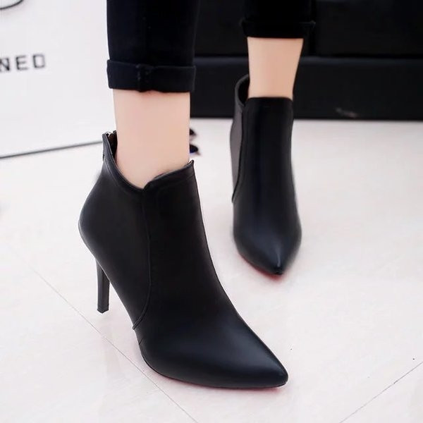 Дамски боти с тънък ток в черен, червен и сив цвят