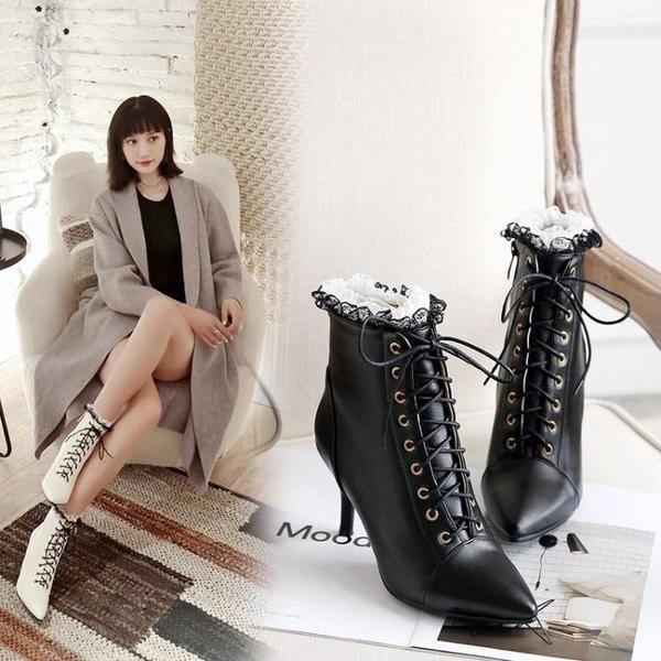 Заострен модел дамски боти с тънък ток в три цвята