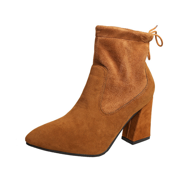 Дамски боти от велур с ток в черен и кафяв цвят