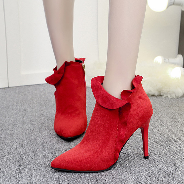 Дамски боти с тънък ток в червен, зелен и черен цвят