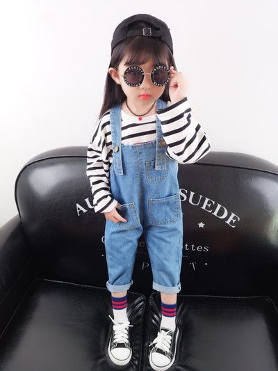 Детски сет за момичета включващ дънков гащеризон + блуза на райе с дълъг ръкав - два цвята