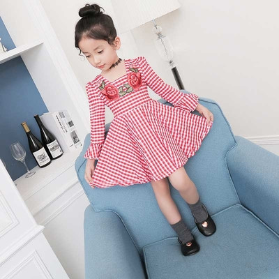 Rochie copii in carouri cu broderie colorata - trandafir