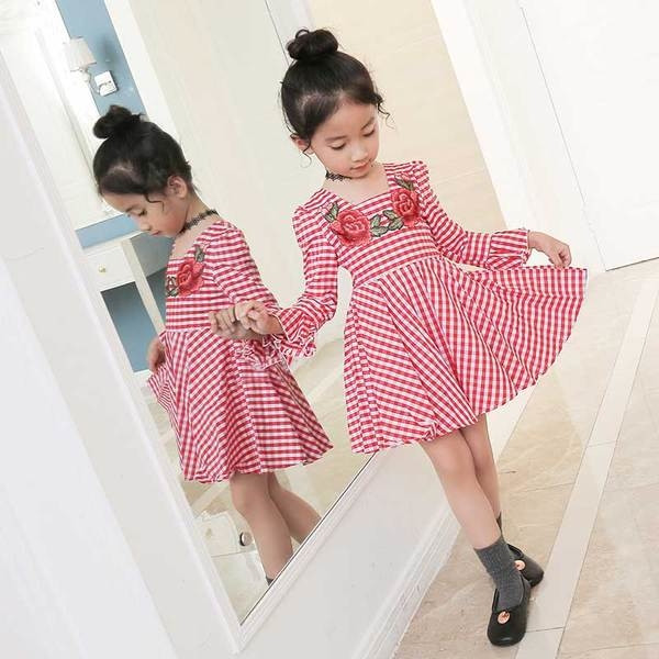 Rochie copii in carouri cu broderie colorata - trandafir