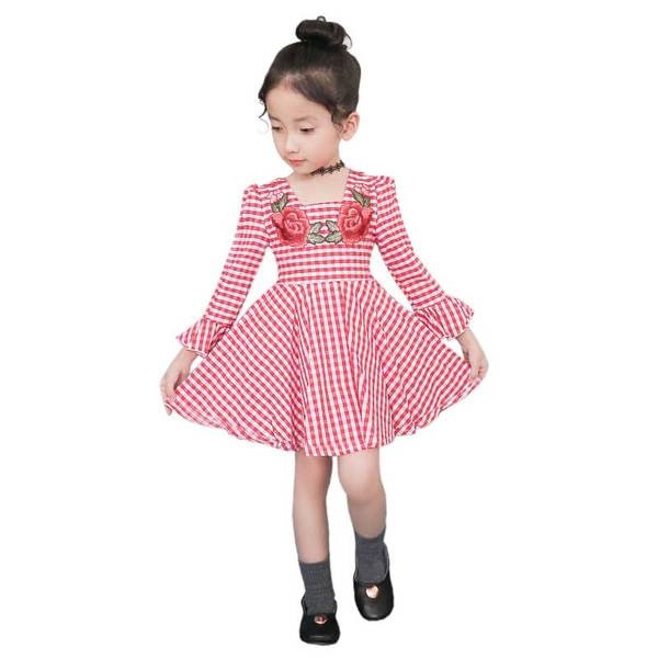 Rochie copii in carouri cu broderie colorata - trandafir