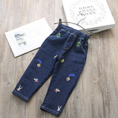 Blugi pentru copii pentru o fata cu talie inalta si broderii intr-o culoare inchisa