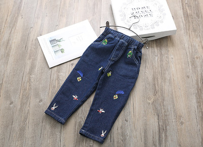 Blugi pentru copii pentru o fata cu talie inalta si broderii intr-o culoare inchisa