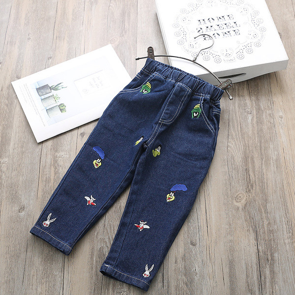 Blugi pentru copii pentru o fata cu talie inalta si broderii intr-o culoare inchisa