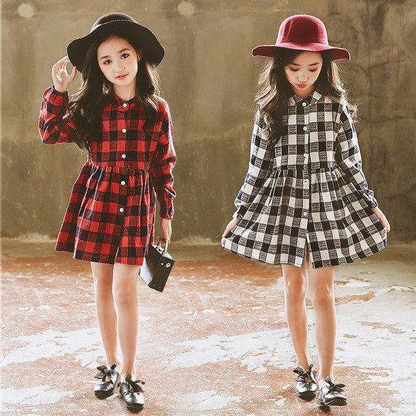 Rochie copii in carouri cu maneci lungi croiate model in doua culori