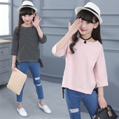 Bluza pentru copii cu dungi cu maneci 3/4 si panglica in doua culori