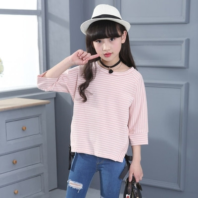 Bluza pentru copii cu dungi cu maneci 3/4 si panglica in doua culori