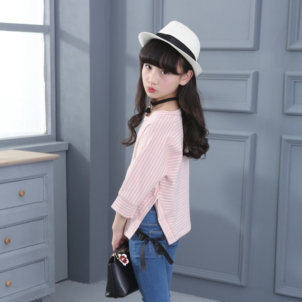 Bluza pentru copii cu dungi cu maneci 3/4 si panglica in doua culori