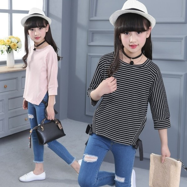 Bluza pentru copii cu dungi cu maneci 3/4 si panglica in doua culori