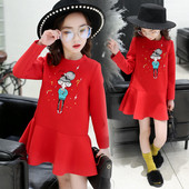 NOU Rochie modernă pentru copii cu aplicație colorată și mâneci lungi în roșu