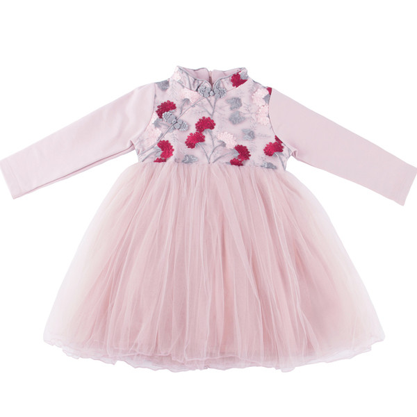 Стилна детска рокля с флорални мотови и тюл в два цвята 