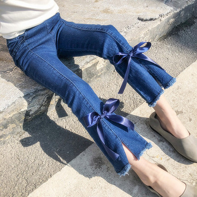 Стилни детски дънки за момиче с висока талия и панделки