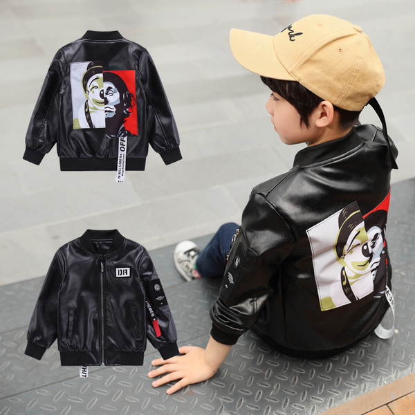 Geaca moderna pentru copii din piele ecologica in doua culori cu imprimeu