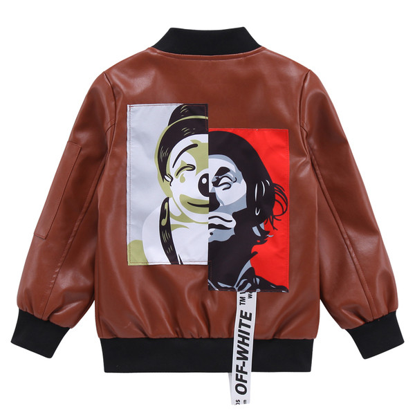 Geaca moderna pentru copii din piele ecologica in doua culori cu imprimeu