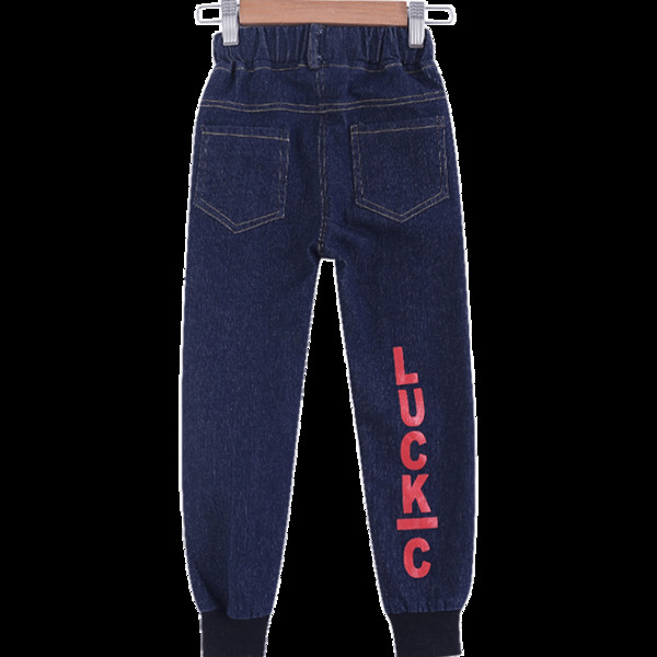 Детски дънки за момиче в син и черен цвят с надпис