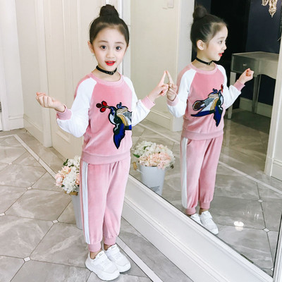 Set sport si casual pentru copii - bluza cu broderie si pantaloni lungi cu talie inalta