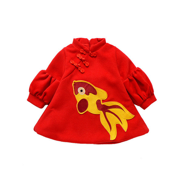 Rochie moderna pentru copii cu maneci lungi croiate model cu aplicatie colorata