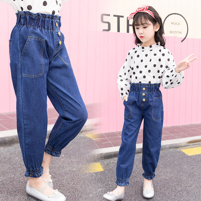 Children`s jeans for a girl with a high waist wide model