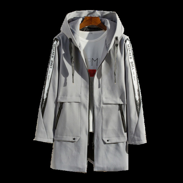 Μακρύ ανδρικό παλτό  με κουκούλα, πλαϊνές τσέπες και επιγραφή