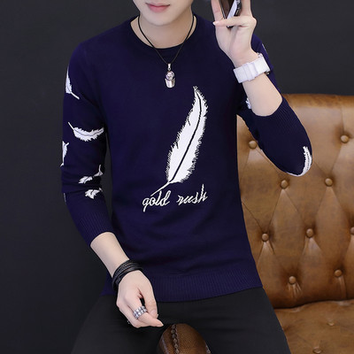 Модерен мъжки пуловер с О-образно деколте и цветна бродерия в няколко цвята