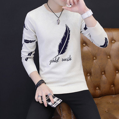 Модерен мъжки пуловер с О-образно деколте и цветна бродерия в няколко цвята