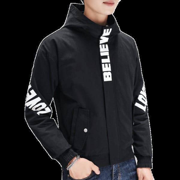 Ανδρικό αθλητικό μπουφάν σε διάφορα μοντέλα με επιγραφή, ψηλό κολάρο και κουκούλα