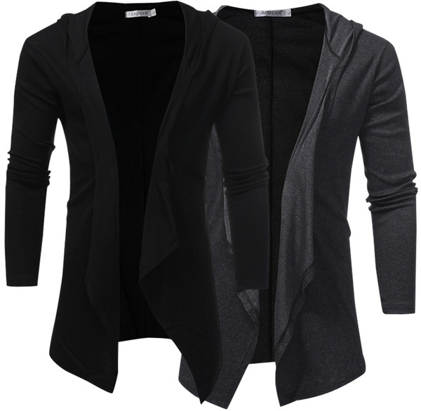 Дълга мъжка жилетка с качулка в тъмно сив и черен цвят