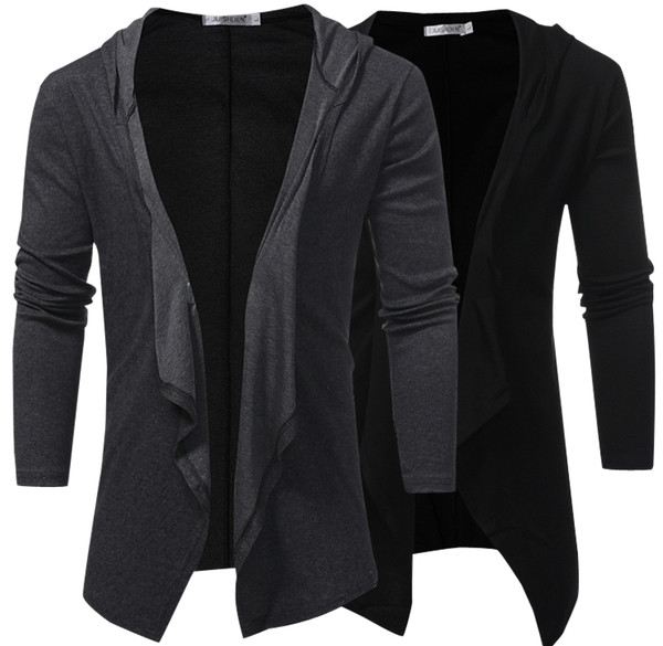 Дълга мъжка жилетка с качулка в тъмно сив и черен цвят