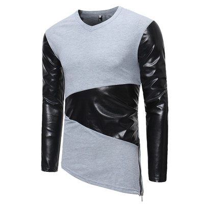 Bluză casual pentru bărbați cu elemente din piele ecologică și fermoar lateral în patru culori