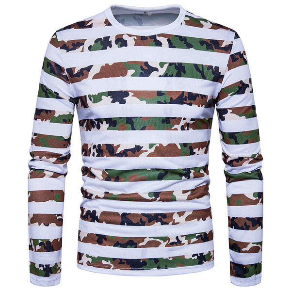 Bluză bărbătească în dungi cu guler în formă de O și motive de camuflaj