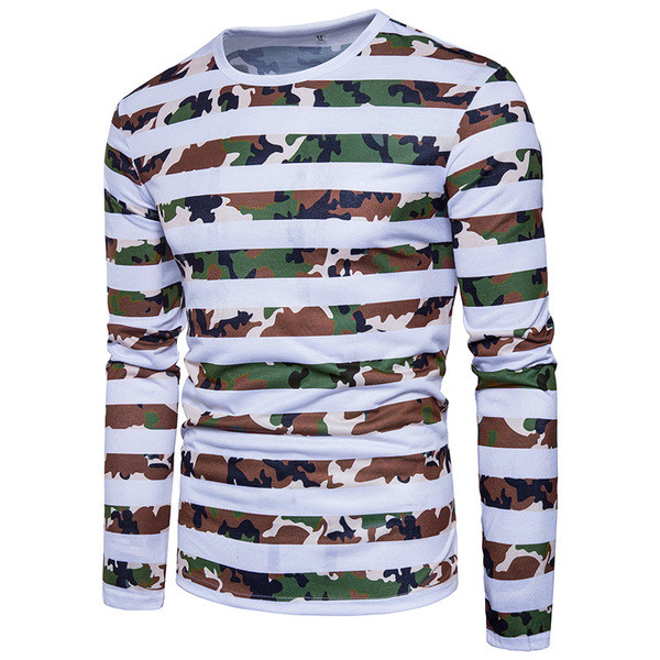 Bluză bărbătească în dungi cu guler în formă de O și motive de camuflaj